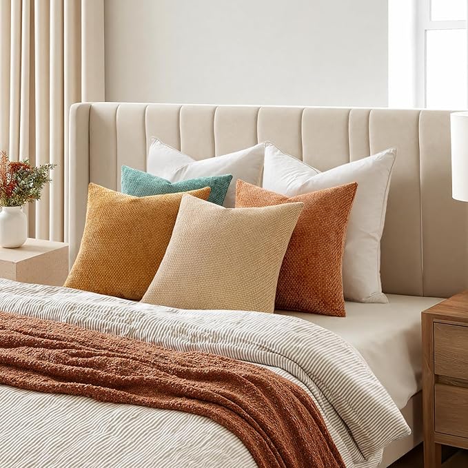 MIULEE Pack of 4 Orange/Teal Couch Throw Pillow Covers 18x18 Inch Yellow Green Soft Decorative Chenille Pillows Farmhouse Accent Cushions for Boho Home Decor Spring Sofa Bedroom Living Room