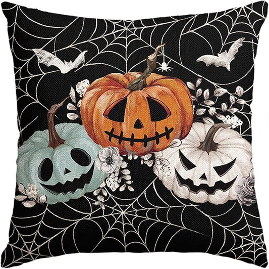 Baccessor Halloween Pillow Cover 18x18 Inch, Black Pumpkins Bats Spider Web Pillow Case Halloween Decor for Cushion Sofa Couch Indoor Outdoor Decoration 1 Piece