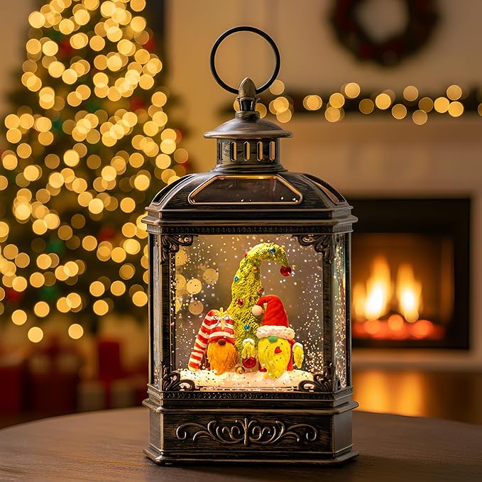 Christmas Snow Globe Lantern Water Glittering Gnomes Scandinavian Santa Elf with Music, USB Lined/Battery Operated Lighted Lantern for Christmas Festival Decoration Gifts