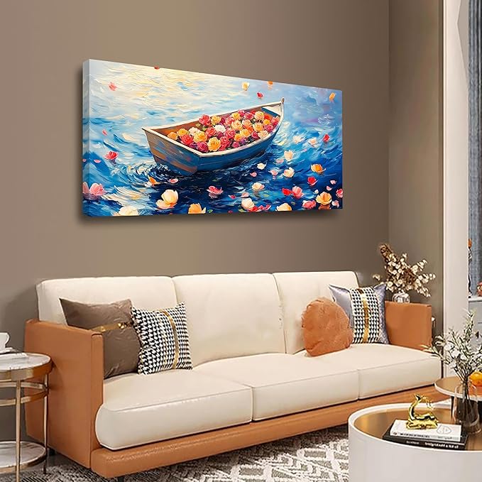 Flowers Boat Oil Pictures Wall Art Bedroom Wall Decor Living Room,Ocean Canvas Wall Art Office Farmhouse Paintings Artwork Modern Rose Colorful Flower Petals Blue Sea Waves Wall Art Prints 20 * 40inch