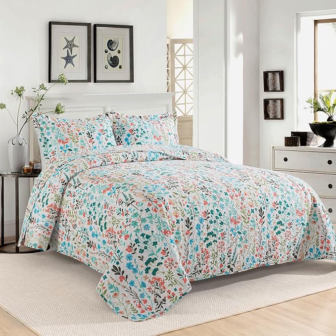 VAPUTAR King Size Quilt-3 Pieces Botanical Bedspread King Size (98 x 106 inch), Lightweight Coverlet Set with Garden Style Floral Pattern,Oversized Quilted Bedding Set with Shams for All Season