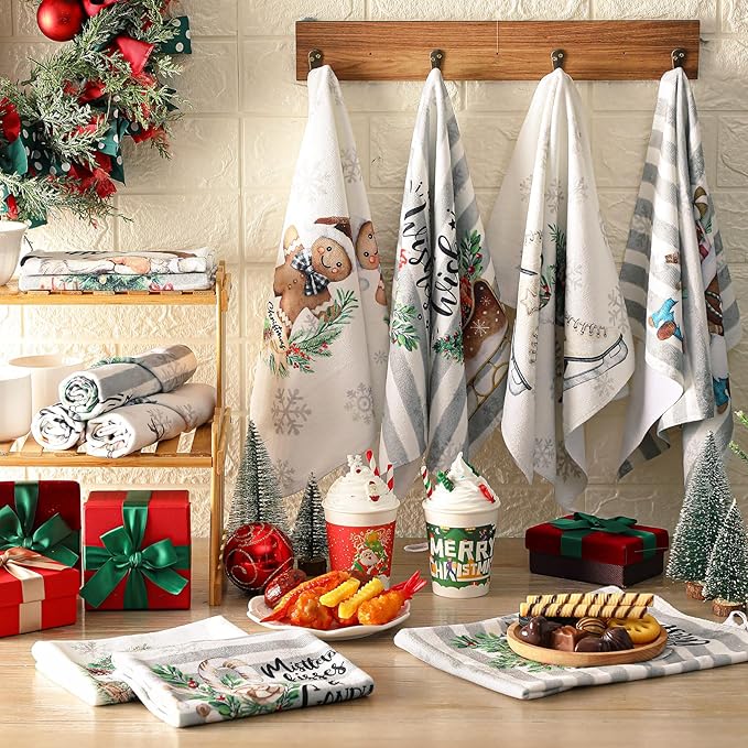 12 Pcs Christmas Kitchen Towels and Dishcloths Absorbent Christmas Tree Reindeer Truck Hand Dish Towels Decoration for Xmas Home Gift Supplies, 14.2 x 21.3 Inch(Stripe Style)