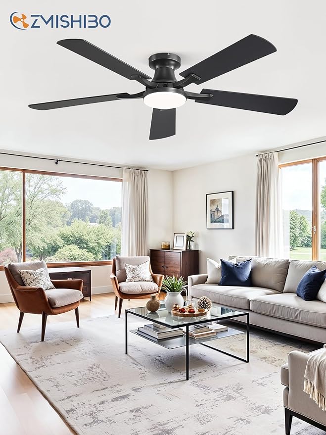 ZMISHIBO 52 Inch Ceiling Fan with Light, App&Remote Control, Flush Mount Low Profile, Dimmable 20W LED Light, Quiet Reversible Motor for Bedroom, Living Room, Apartment, Black