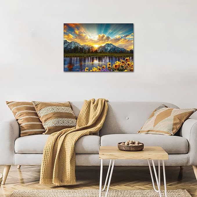 SKASNFAI Grand Teton National Park Wall Art Sunflower Landscape Canvas Mountain Artwork Landscape Print for Living Room Framed (28x44 inch)