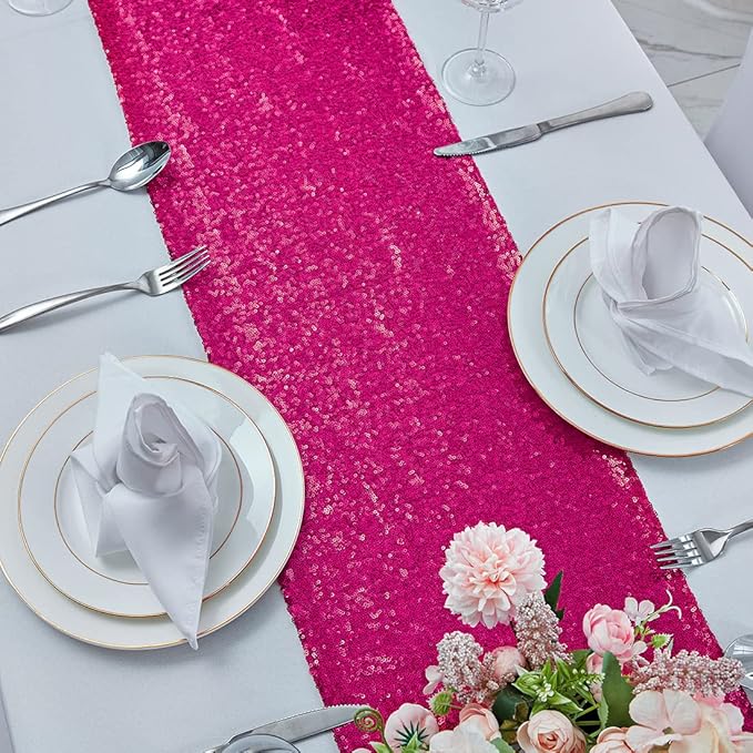 10 Packs 12 x 108 inches Hot Pink Sequin Table Runner, Glitter Fuchsia Table Runner for Wedding Birthday Bachelorette Holiday Party Supplies Decorations Bridal Shower Baby Shower