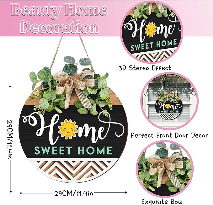GOSSBY Interchangeable Welcome Sign for Front Door - HOME SWEET HOME - Seasonal Rustic Wood Wreath - Hanging Wall Sign Decoration for Outside, Porch, Farmhouse - New Home, Housewarming Gift