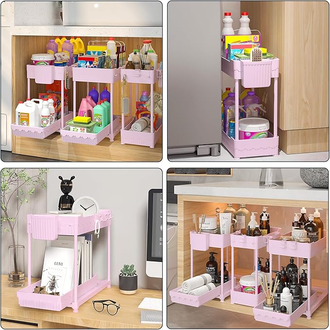 3 Pack Under Sink Organizers, 2-Tier Multi-Use Kitchen and Bathroom Organizers and Storage with Sliding Drawers,Bathroom Cabinet Organizer (Pink, 14.8 Inch)