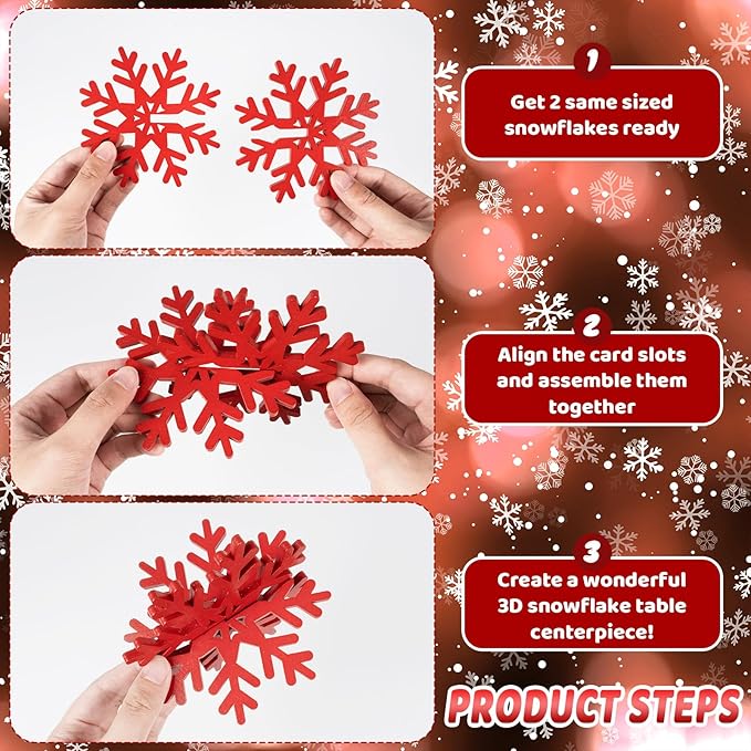 OuMuaMua Winter Christmas Centerpiece Table Decorations - 24pcs Wooden Snowflakes Decor 3D Red White Snowflake Tabletop Decor Snowflake Centerpiece for Xmas Holiday Tiered Tray Winter Farmhouse
