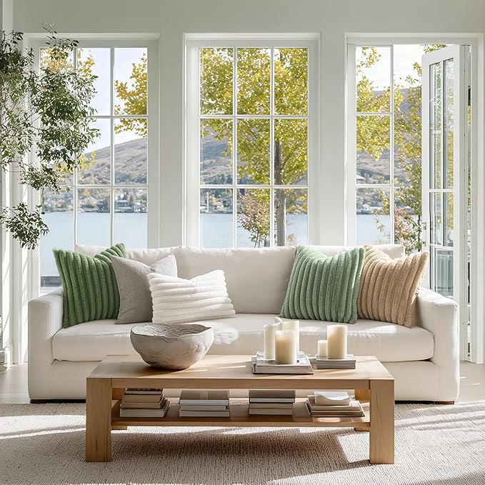 MIULEE Faux Fur Decorative Throw Pillow Covers 18x18 Inch Set of 2, Modern Spring Home Decor Soft Plush Couch Pillows Cozy Fluffy Cushion Covers for Sofa Bed Sage Green