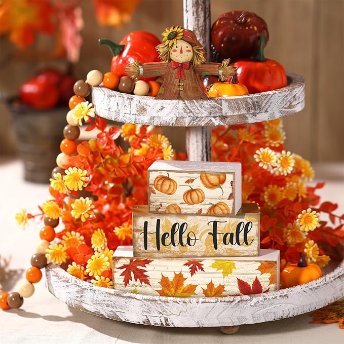 4 Pcs Fall Decor for Home Scarecrow Pumpkin Wooden Signs with Sayings Autumn Scarecrow Tiered Tray Decor Hello Fall Tabletop Centerpiece Maple Leaf Block Signs for Thanksgiving Office Kitchen Shelf