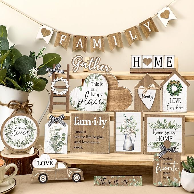 Yaomiao 21 Pcs Farmhouse Tiered Tray Decor Set Rustic Farmhouse Wood Decor Sign Item Vintage Rustic Family Gather Blessed Tiered Tray This is Our Happy Place Sign for Home Kitchen Table Shelf(Leaves)