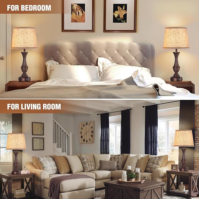 Touch Table Lamps Set of 2, 22" Tall Bedside Lamps with USB C+A Ports, 3-Way Dimmable Table Lamp, Nightstand lamps for Bedroom, Living Room, Office, Brown Lamps with Beige Lampshade, Bulbs Included