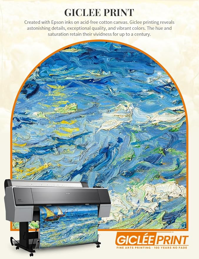 DECORARTS - Fishing Boats At Sea - Vincent Van Gogh Giclee Prints w/Antique Brown Frame for Wall Decor.