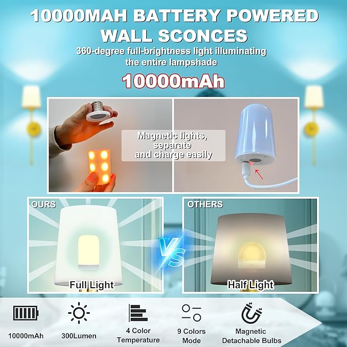 10000mAh Battery Operated Wall Sconces Set of Two, Wireless Sconces Set of 2 Wall Light with RGB Rechargeable Magnetic Bulb, Sconces Wall Decor Set of 2 for Bedroom Living Room, Gold