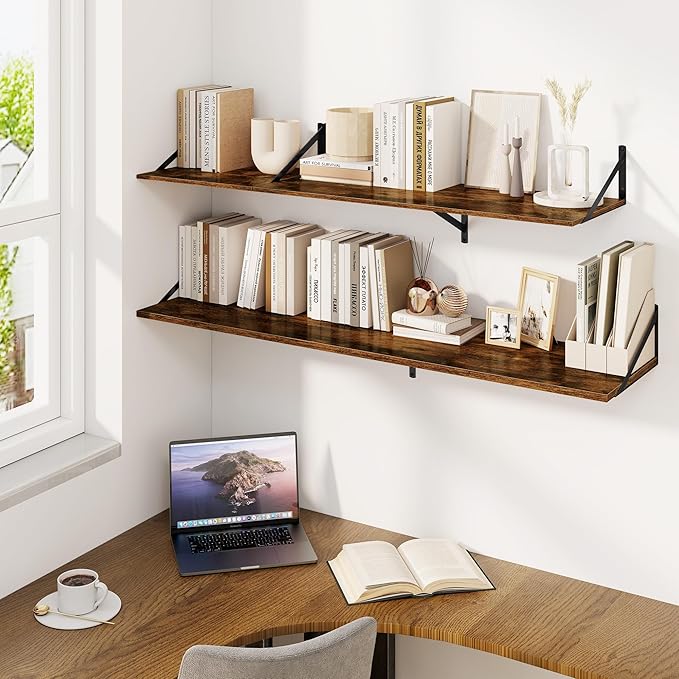 Fun Memories Floating Shelves for Wall, 12 Inch Deep Floating Shelves Set of 2, 36W x 12D Large Wall Shelf with Sturdy Metal Brackets for Living Room, Bathroom, Bedroom and Kitchen, Rustic Brown