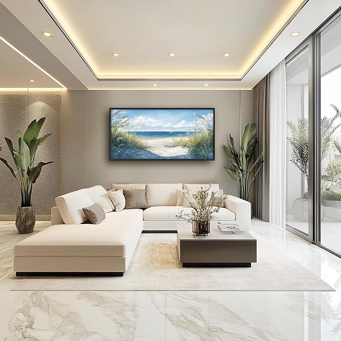 Framed Large Beach Wall Art for Living Room, Oversized Coastal Nautical Wall Decor Sailboat Canvas Seaside Pictures Modern Artwork Home Decoration for Living Room Bedroom Office 60"x30"