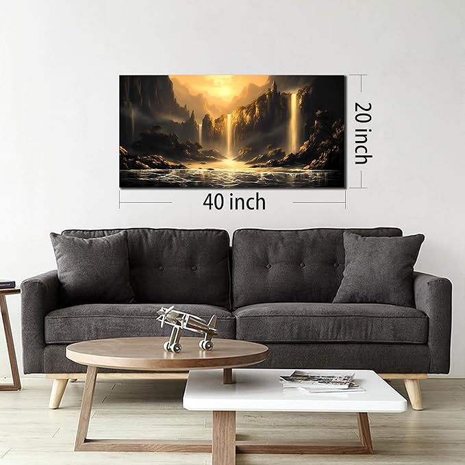 Mountain Pictures Wall Art for Living Room Waterfall Canvas Wall Decor Office Black and Gold Wall Art Bedroom Size 20" x 40"