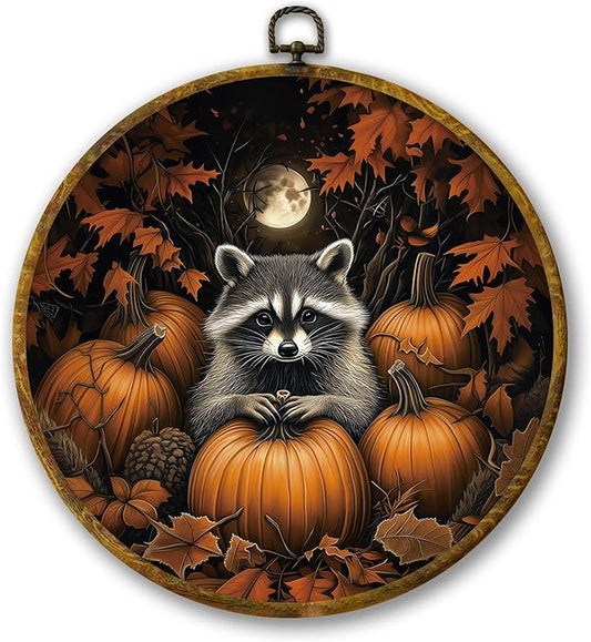 Mcehtle Moody Fall Raccoon and Pumpkins Wall Art Decor, Vintage Autumn Nature Cozy Fall Framed Canvas Prints 10x10, Rustic Woodland Scene Round Wall Hanging Artwork Decorations for Home Living Room