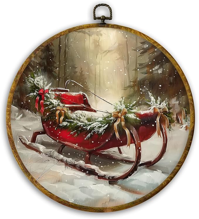 CUANFDDSF Vintage Christmas Sleigh Round Wall Art Decor, Rustic Farmhouse Winter Xmas Sleigh Holiday Wall Hanging Frame Decor, Cozy Christmas Canvas Prints Decorations for Home Bedroom, 10x10 Inch