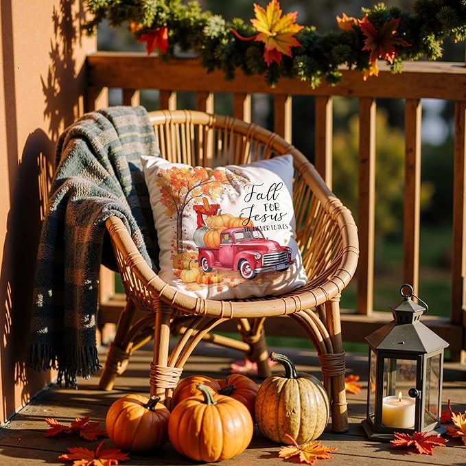 Christian Fall Pillow Covers 18x18, Farmhouse Autumn Decor, Fall for Jesus He Never Leaves Autumn Maple Leaf Pumpkin Pickup Truck Decorative Throw Pillow Covers for Home Bedroom Living Room