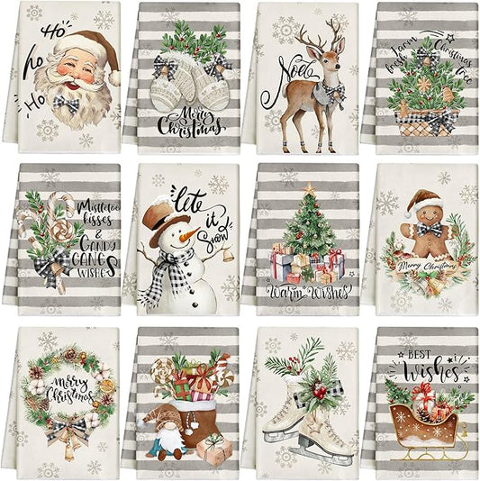 12 Pcs Christmas Kitchen Towels and Dishcloths Absorbent Christmas Tree Reindeer Truck Hand Dish Towels Decoration for Xmas Home Gift Supplies, 14.2 x 21.3 Inch(Stripe Style)