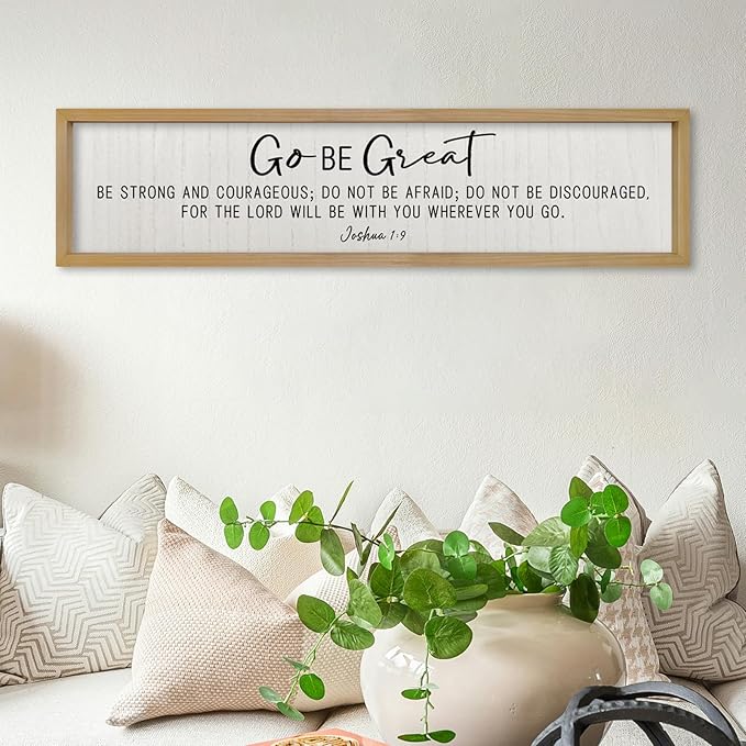 ZZJJHYWGQ Bible Verse Wall Decor Joshua 1:9 Sign 32"×8" Scripture Go Be Great Inspirational Quotes Rustic Christian Plaque Wood Framed Faith Farmhouse Catholic Living Room Wall Art Hanging (Wood)