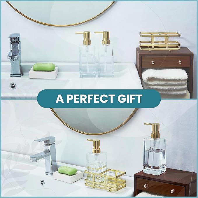 Square Glass Clear Lotion and Soap Pump Dispenser Set with Metal Stand Caddy for Bathroom Bath Kitchen Home Office Travel Hotel Hand Crafted Heavy Weight Brushed Gold
