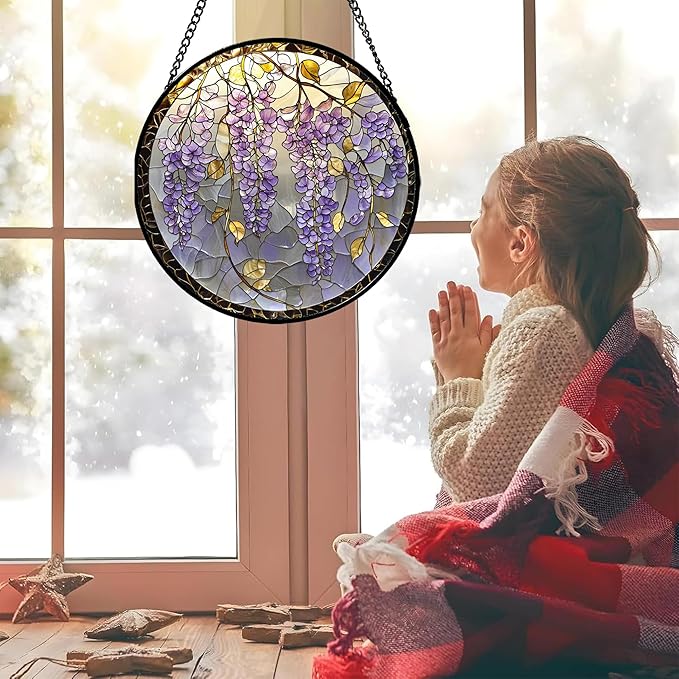 Stained Glass Window Hanging - Wisteria Flower Golden Leaves Sun Catcher for Door Home Decor Plant Suncatcher Christmas Mother's Day Birthday Gifts for Women Men Lovers Mom Nana 9.8 in