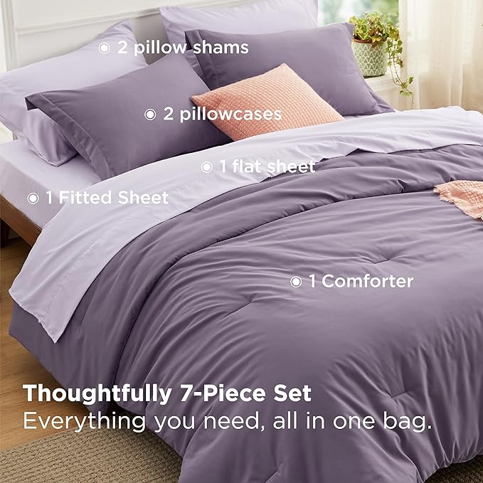 Bedsure King Size Comforter Set - 7 Pieces Grayish Purple King Bedding Set for All Seasons, Boho Contrasting Design Bed in a Bag with Comforter, Sheets, Pillowcases & Shams