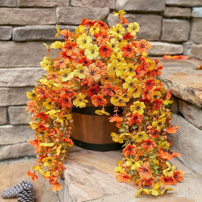 Artificial Flowers for Fall Outdoors Decoration, 2Pcs Fake Fall Light Orange & Yellow Hanging Flowers, Faux Autumn Decor for Porch Patio Balcony Planter, Realistic Arrangement