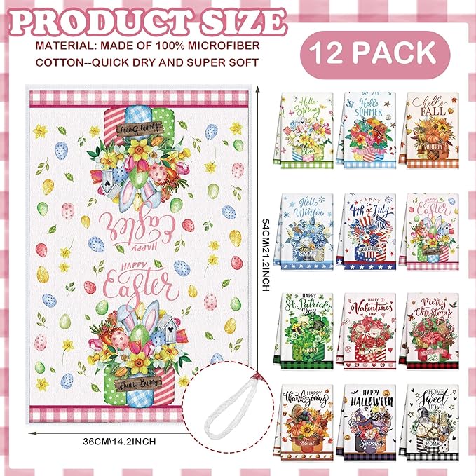 12 Pcs Seasonal Kitchen Towels Set for All Holidays Hand Dish Tea Towels Fall Halloween Christmas Cute Drying Dishcloths Decorative Absorbent Wash Cloths(Flower Style)