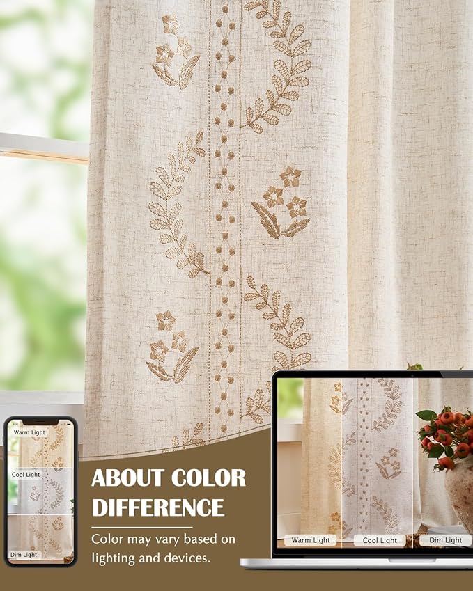jinchan Belrose Lined Linen Blend Curtains Boho Floral Curtains for Bedroom 84 Inch Length Beige Embroidered Drapes Rod Pocket Farmhouse Flower Drapes for Living Room Window Treatments Set 2 Panels