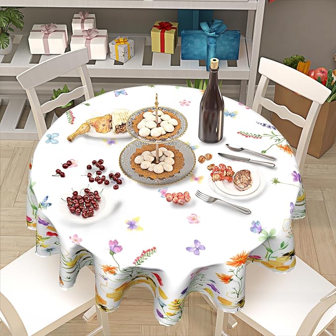 Spring Tablecloth Round 60 Inch Spring Summer Floral Tablecloth Round Cover Spring Farmhouse Wildflower Round Tablecloth Washable Table Cover for Kitchen Dining Indoor Outdoor Table Decorations