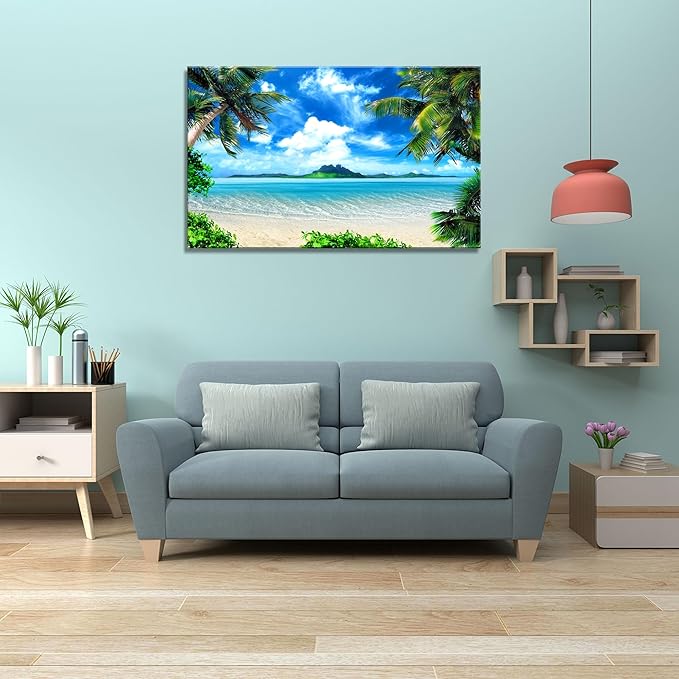 DZL Art S72781 Canvas Wall Art Ocean Waves Coconut Trees on Sands Beach Seascape Scenery Painting Nature Picture for Bedroom Home Office Wall Decor