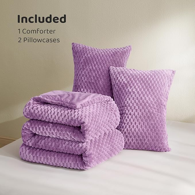 Petrichor Fluffy Twin Comforter Set - Ultra-Soft Lavender Flannel Thick Comforter for Queen Bed, Luxury Warm Bedding Set for Winter & Fall, Cozy Fuzzy Bed Set 2 Pieces (1 Comforter & 1 Pillowcase)