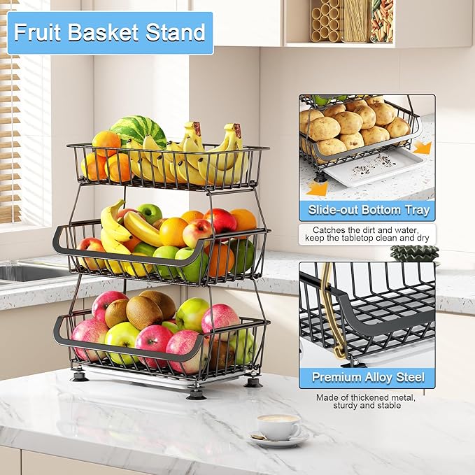 3-Tier Rolling Pantry Floor Organizer, Stackable Pantry Storage Cart with Wheels, Metal Wire Pantry Baskets, Kitchen Fruit Basket Stand, Vegetable Storage Rack for Fruits Snacks Onions Potatoes