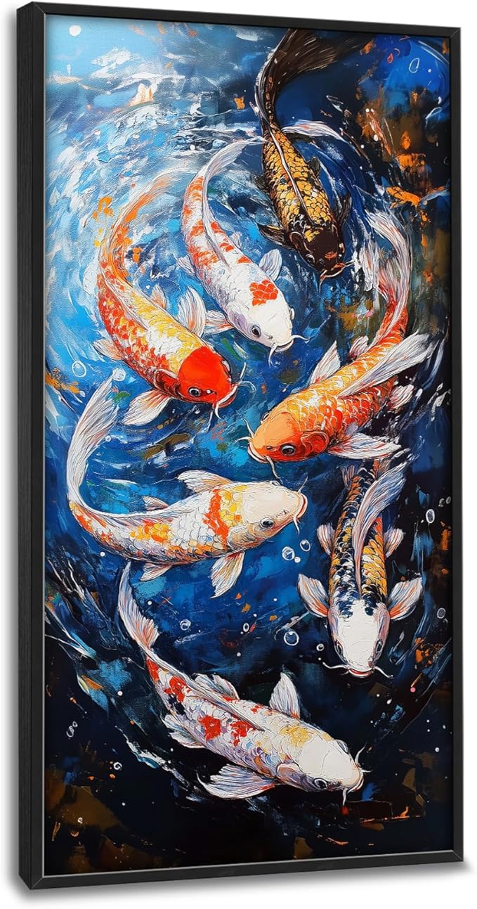 Lovira Koi Fish Large Wall Art Traditional Chinese Feng Shui Canvas Wall Decor Pictures Prints Painting Framed Home Vertical Artwork for Living Room Bedroom Bathroom Kitchen 30"x60"