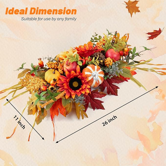 Fall Centerpieces for Tables – 28" Autumn Thanksgiving Table Decoration with Sunflowers, Pumpkins, Apples & Maple Leaves – Rustic Fall Table Decor for Home, Kitchen, Fireplace, Dining Table