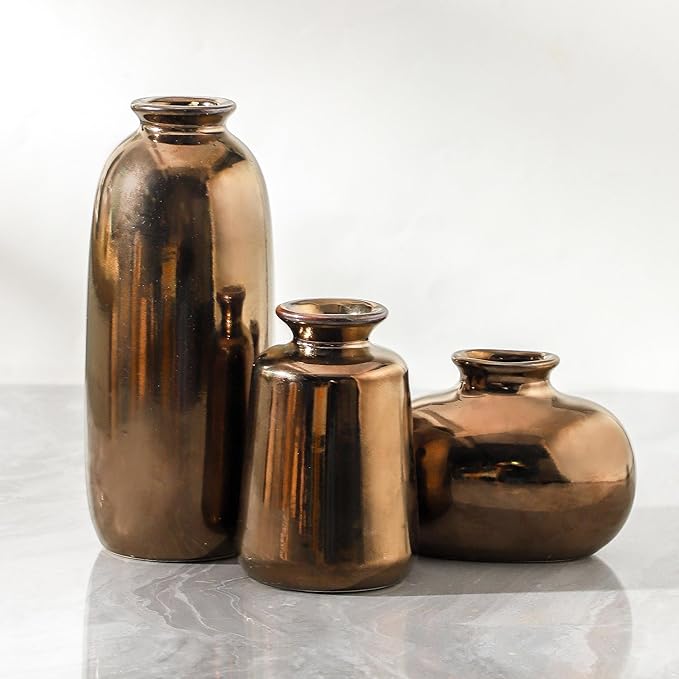 Ceramic Vase Set of 3,Brown Modern Farmhouse Pottery Vases, Neutral Rustic Vases for Pampas Grass, Dried & Fresh Flowers - Ideal for Bedroom, Living Room, Bookshelf, Mantel, Centerpiece Table Decor