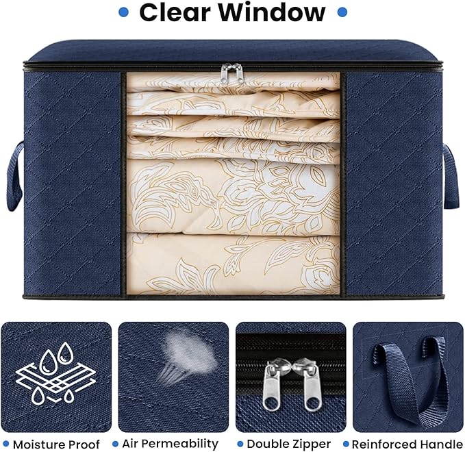 Fab totes 3 Pack Clothes Storage, Foldable Thick Fabric Blanket Storage Bags, Containers for Organizing Bedroom, Closet, Clothing, Comforter,Closet Organization with Handle,Blue