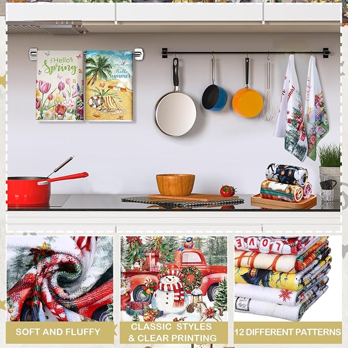 12 Pcs Seasonal Kitchen Towels Set for All Holidays Hand Dish Tea Towels Fall Halloween Christmas Cute Drying Dishcloths Decorative Absorbent Wash Cloths(Fresh Style)