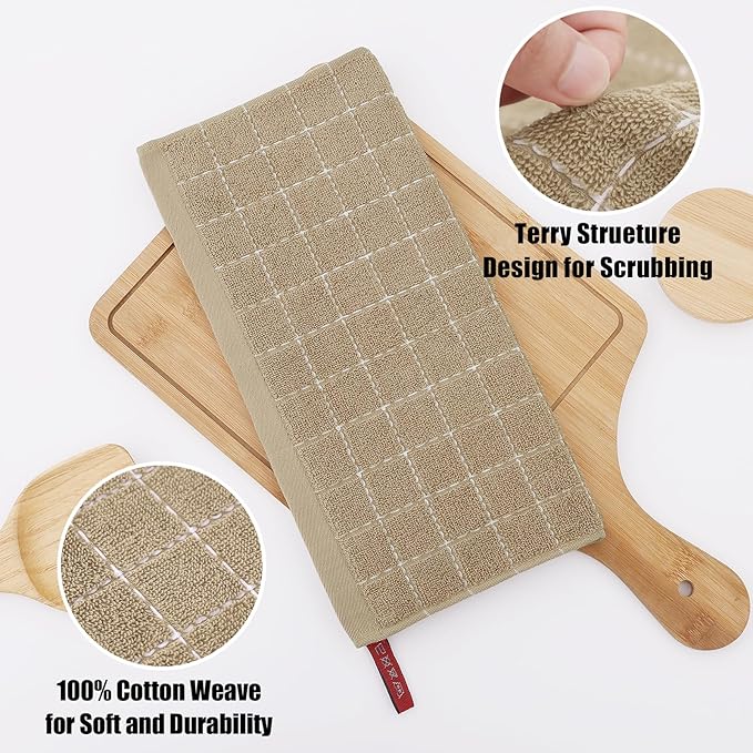 Homaxy 100% Cotton Terry Kitchen Towels(Tan, 13 x 28 inches), Checkered Designed, Soft and Super Absorbent Dish Towels, 12 Pack