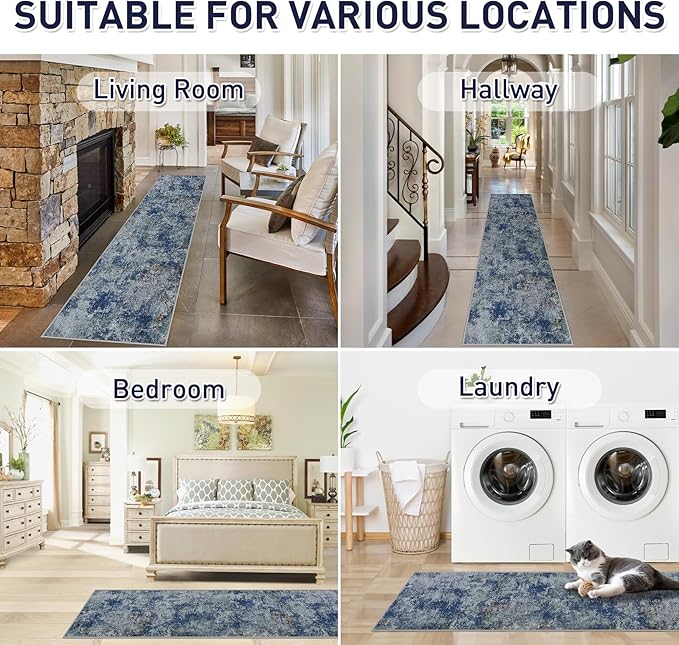 Machine Washable Area Rugs 2x3: Small Entryway Rug with Non Slip Backing Non Shedding Stain Resistant Abstract Carpet for Living Room Bedroom Kitchen Laundry Under Dining Table - Blue