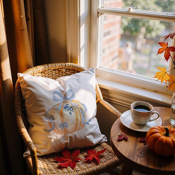 Blue Chinoiserie Pumpkin Fall Pumpkin Pillow Covers 18x18, Preppy Fall Decor, Grandmillennial Floral Pumpkin Autumn Decorative Throw Pillow Covers for Girls Room Home Bedroom Living Room