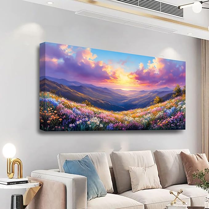 Purple Oil Painting Landscape Wall Art Bedroom Wall Decor Living Room,Purple Abstract Clouds Canvas Wall Art Office Artwork Modern Colorful Flowers Mountain Scenery Wall Art Prints Pictures 20 * 40in
