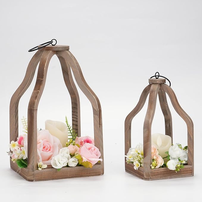 Romadedi Farmhouse Decorative Lantern Wooden - Set of 2 Rustic Wood Lanterns Candle Holder for Wedding Table Centerpieces Indoor Outdoor Fireplace Mantle Home Decor, Brown