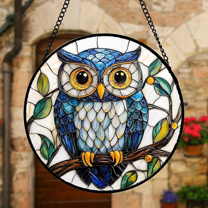 Stained Glass Window Hanging, Owl Gifts for Women Sun Catchers Diamond Glass Panel Hangings Birds Suncatcher Decor for Birthday for Women, Men, Wife, Aunt, and Mom 6.3 in