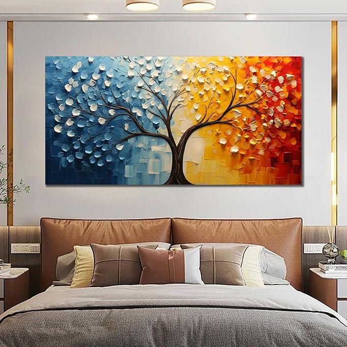 Colorful Tree of Life Wall Art for Living Room Blue and Orange Tree Picture Large Artwork Office Bedroom Canvas Prints Size 29x58