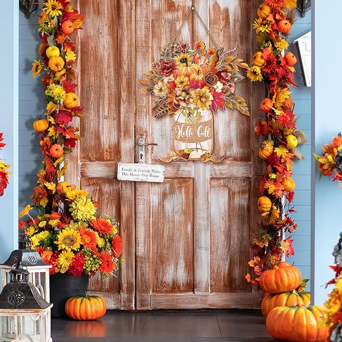 Boao Fall Welcome Door Sign Gnome Hanging Decor Thanksgiving Wooden Sign Autumn Door Decorations Pumpkin Maple Leaves Wood Hanger for Outdoor Farmhouse Front Porch