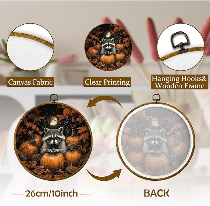 Mcehtle Moody Fall Raccoon and Pumpkins Wall Art Decor, Vintage Autumn Nature Cozy Fall Framed Canvas Prints 10x10, Rustic Woodland Scene Round Wall Hanging Artwork Decorations for Home Living Room